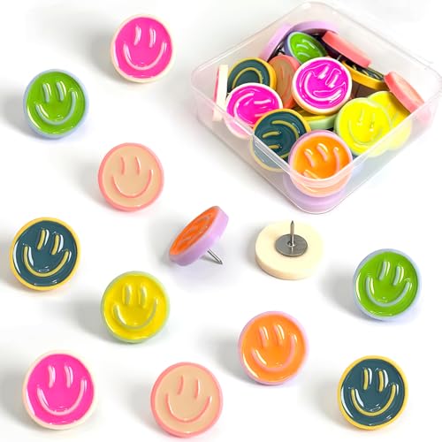 CoolShef 24PCS Smiley Face Push Pins (6 Colors), Cute Decorative Thumb Tacks for Soft Board, Bulletin Board Borders for School, Pin for Notice Board or Office Use - Image 1