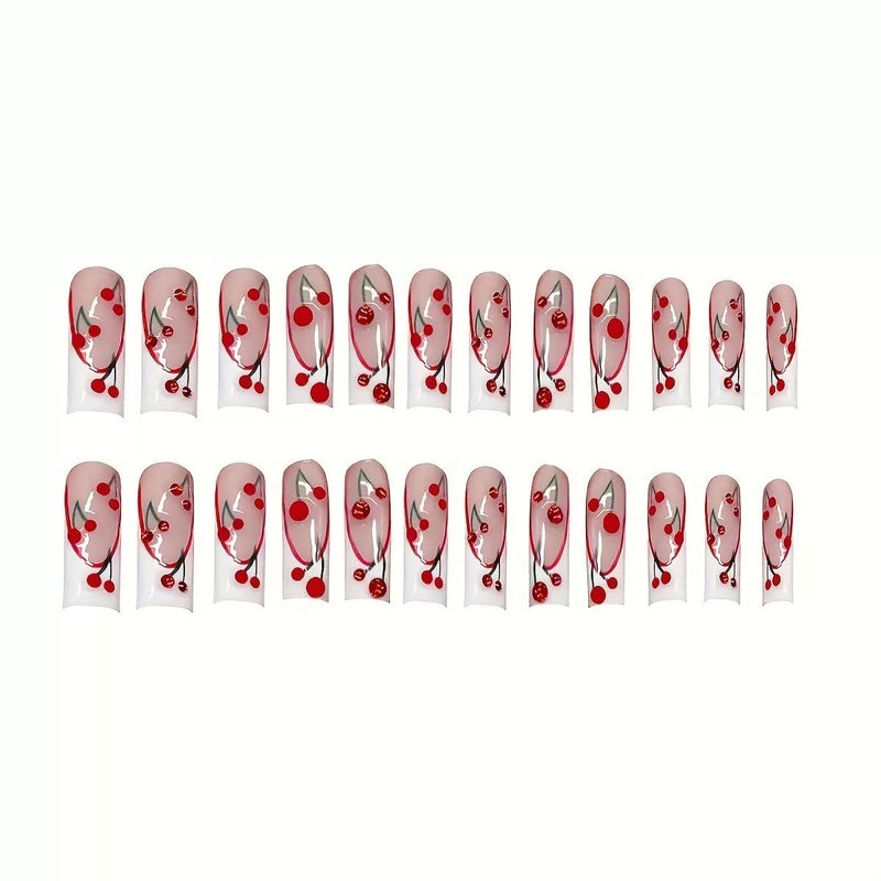 CTTHNBD Square Press on Nails Long & Press on Toenails Set, White French Tip Fake Nails with Cherry Design - for Women 48 Pcs - Image 3