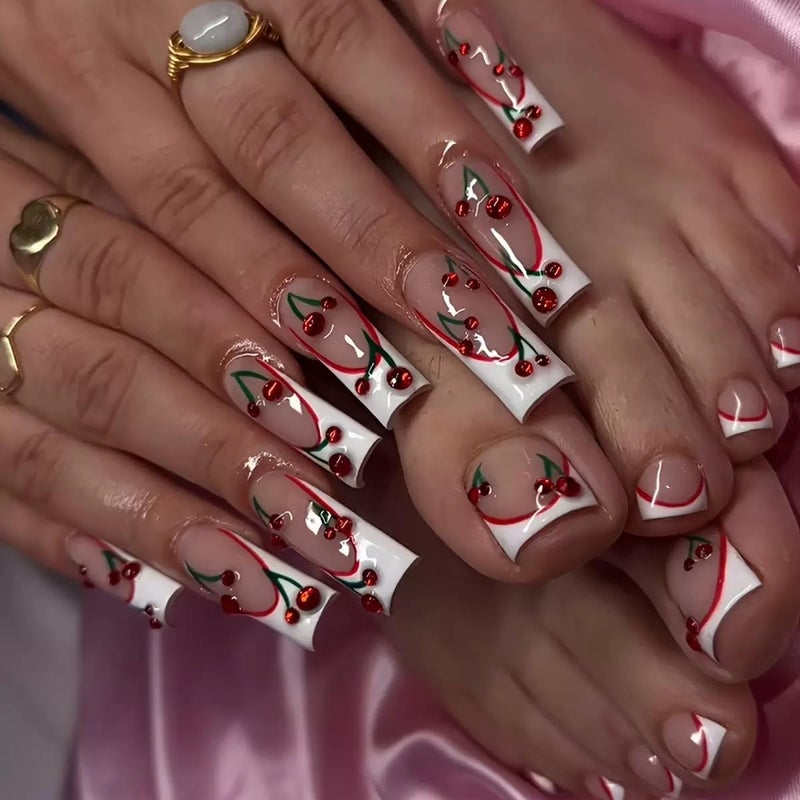 CTTHNBD Square Press on Nails Long & Press on Toenails Set, White French Tip Fake Nails with Cherry Design - for Women 48 Pcs - Image 1