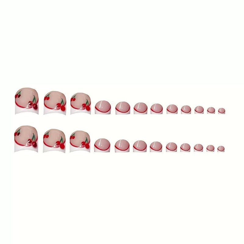 CTTHNBD Square Press on Nails Long & Press on Toenails Set, White French Tip Fake Nails with Cherry Design - for Women 48 Pcs - Image 4