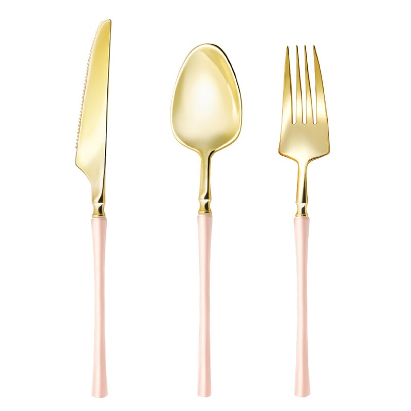 Lullaby 90pcs Gold Plastic Silverware High End Disposable Cutlery with Pink Handle Include 30 Forks 30 Spoons 30 Knives Elegant Disposable Silverware for Wedding Party Gathering and Daily Use
