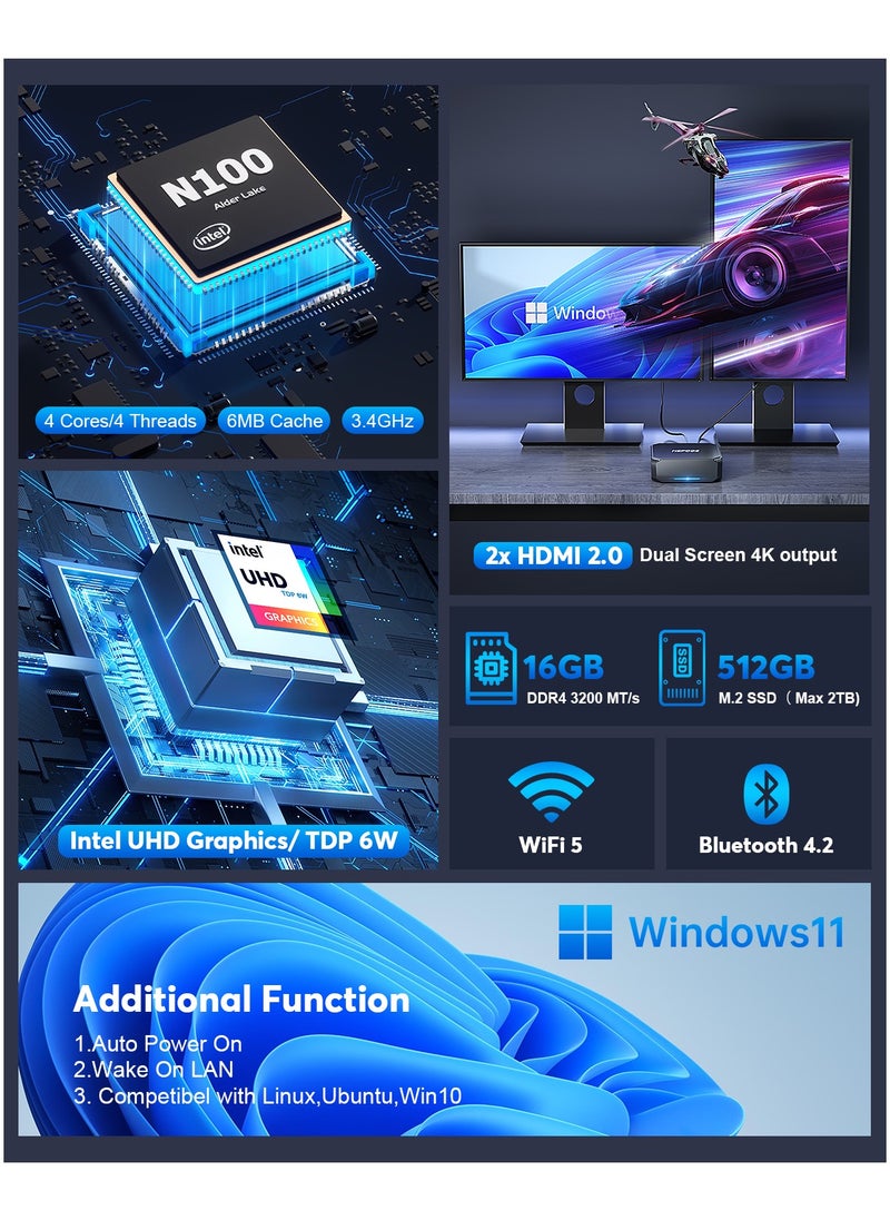 Mini PC, 12th Gen Intel Alder Lake-N100, 16GB DDR4 512GB M.2 SSD 4K/2xHDMI/WiFi 5/BT 4.2/Gigabit Ethernet,Windows 11 Pro - pzsku/Z57FC1B8ABE53A5F8B0E3Z/45/_/1723108428/3a8af981-34ca-4c9a-843d-06fce13b000b