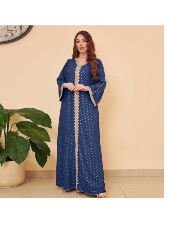 Women's Luxury V-neck Robe Dress Modern Fashion Abaya Middle East Arab Banquet Wedding Party Dress Women's Holiday Clothing Blue  - Image 1
