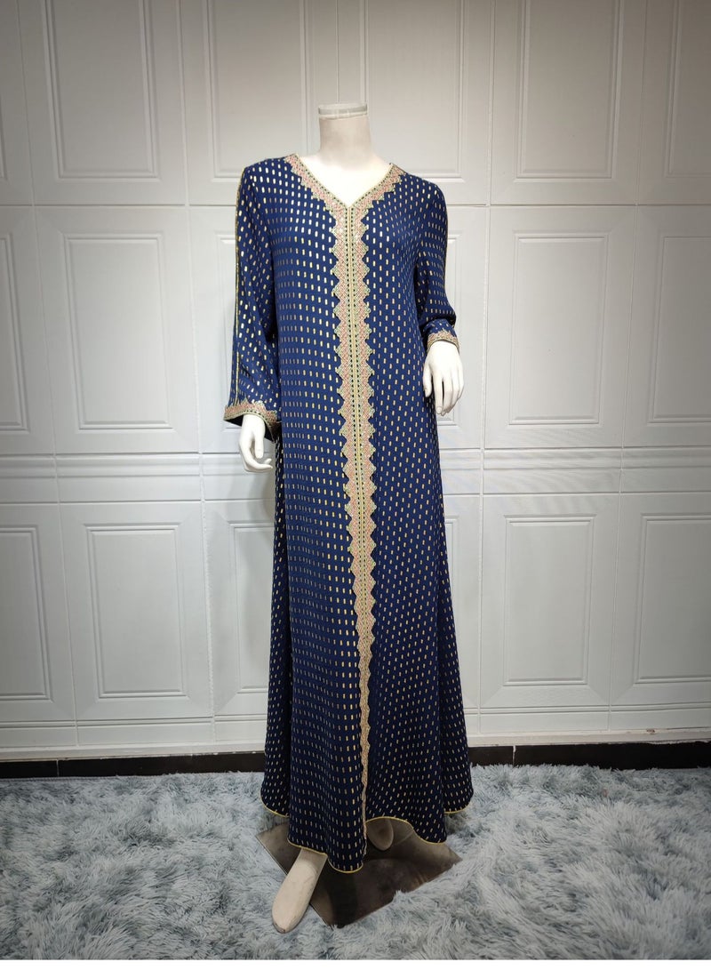 Women's Luxury V-neck Robe Dress Modern Fashion Abaya Middle East Arab Banquet Wedding Party Dress Women's Holiday Clothing Blue  - Image 2