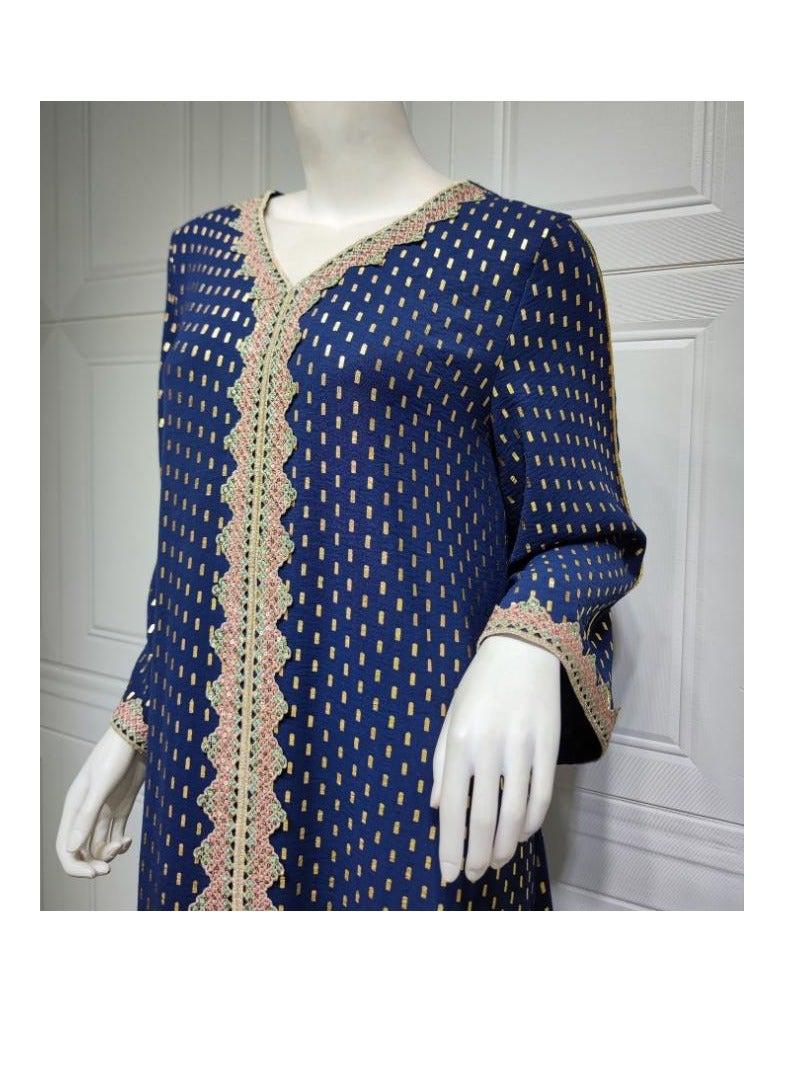 Women's Luxury V-neck Robe Dress Modern Fashion Abaya Middle East Arab Banquet Wedding Party Dress Women's Holiday Clothing Blue  - Image 3