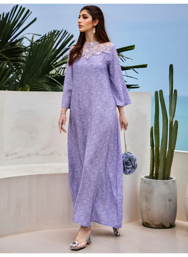 Madam Uniq Lavender Purple Color-Blocked Lace Embroidered Ruffled Robe with Glass Rhinestone Print