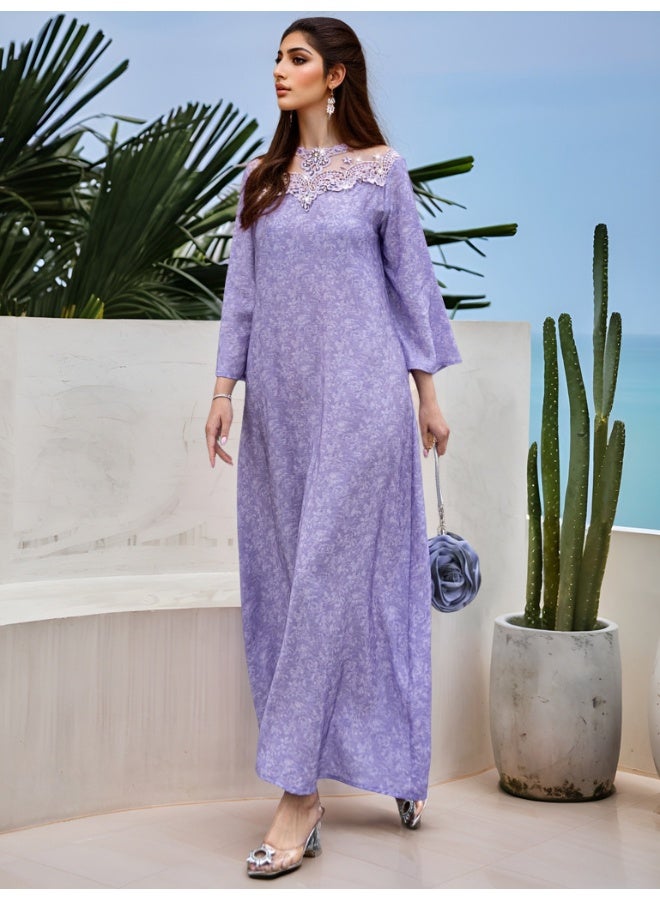 Madam Uniq Lavender Purple Color-Blocked Lace Embroidered Ruffled Robe with Glass Rhinestone Print - Image 2