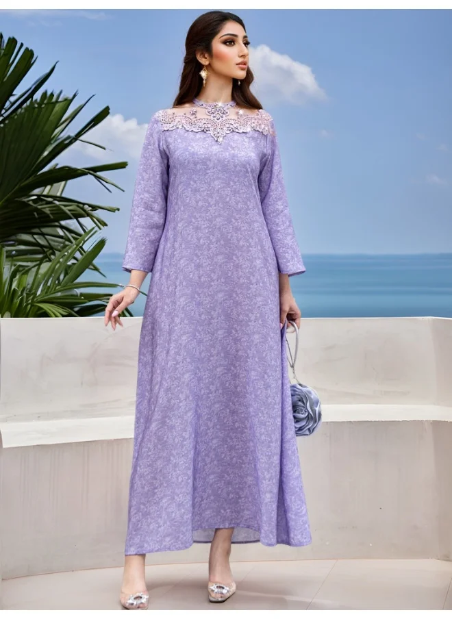 Madam Uniq Lavender Purple Color-Blocked Lace Embroidered Ruffled Robe with Glass Rhinestone Print