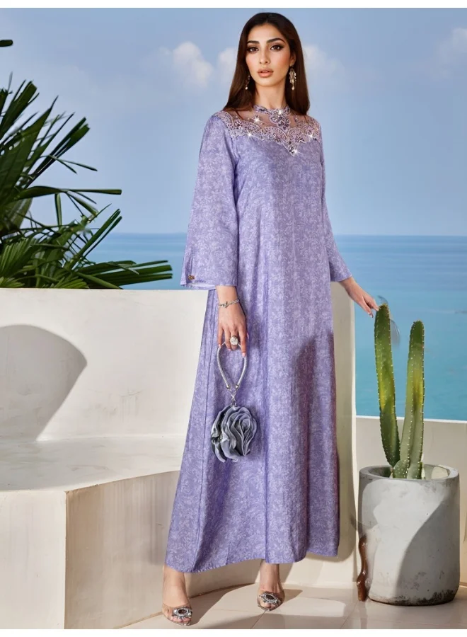 Madam Uniq Lavender Purple Color-Blocked Lace Embroidered Ruffled Robe with Glass Rhinestone Print