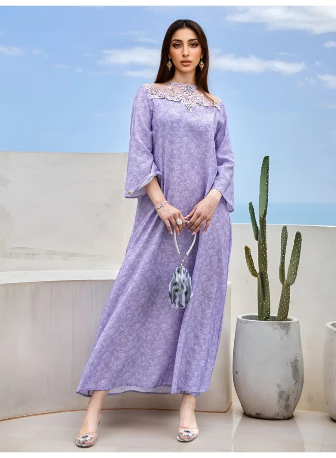 Madam Uniq Lavender Purple Color-Blocked Lace Embroidered Ruffled Robe with Glass Rhinestone Print