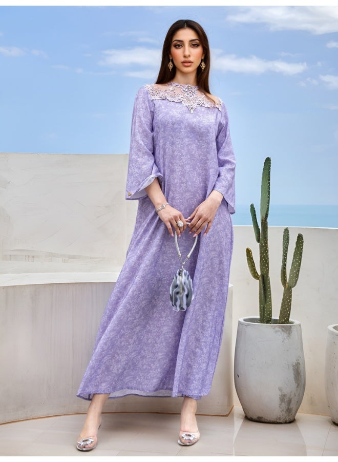 Madam Uniq Lavender Purple Color-Blocked Lace Embroidered Ruffled Robe with Glass Rhinestone Print - Image 4