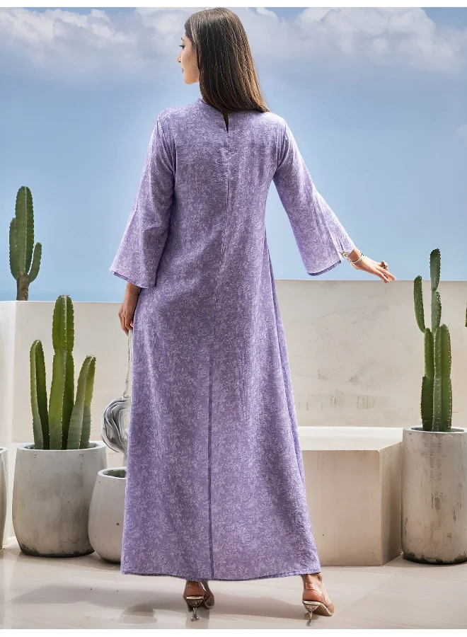 Madam Uniq Lavender Purple Color-Blocked Lace Embroidered Ruffled Robe with Glass Rhinestone Print