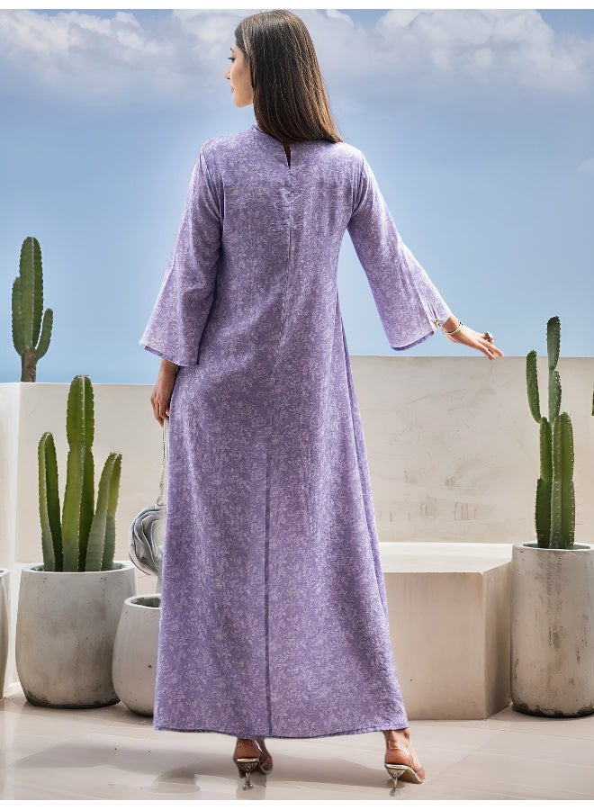 Madam Uniq Lavender Purple Color-Blocked Lace Embroidered Ruffled Robe with Glass Rhinestone Print - Image 5