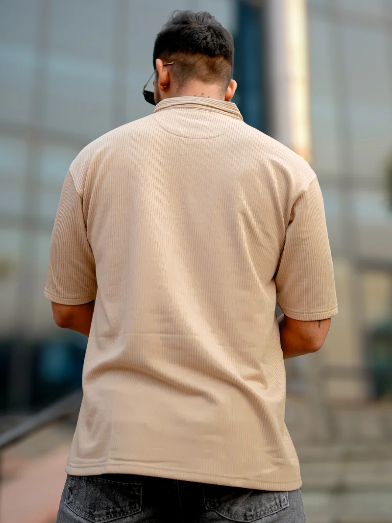 مانياك Maniac Mens Solid Polo Neck 3/4th Sleeve Biscuit Half Zipper Poly Cotton Polo T-Shirt