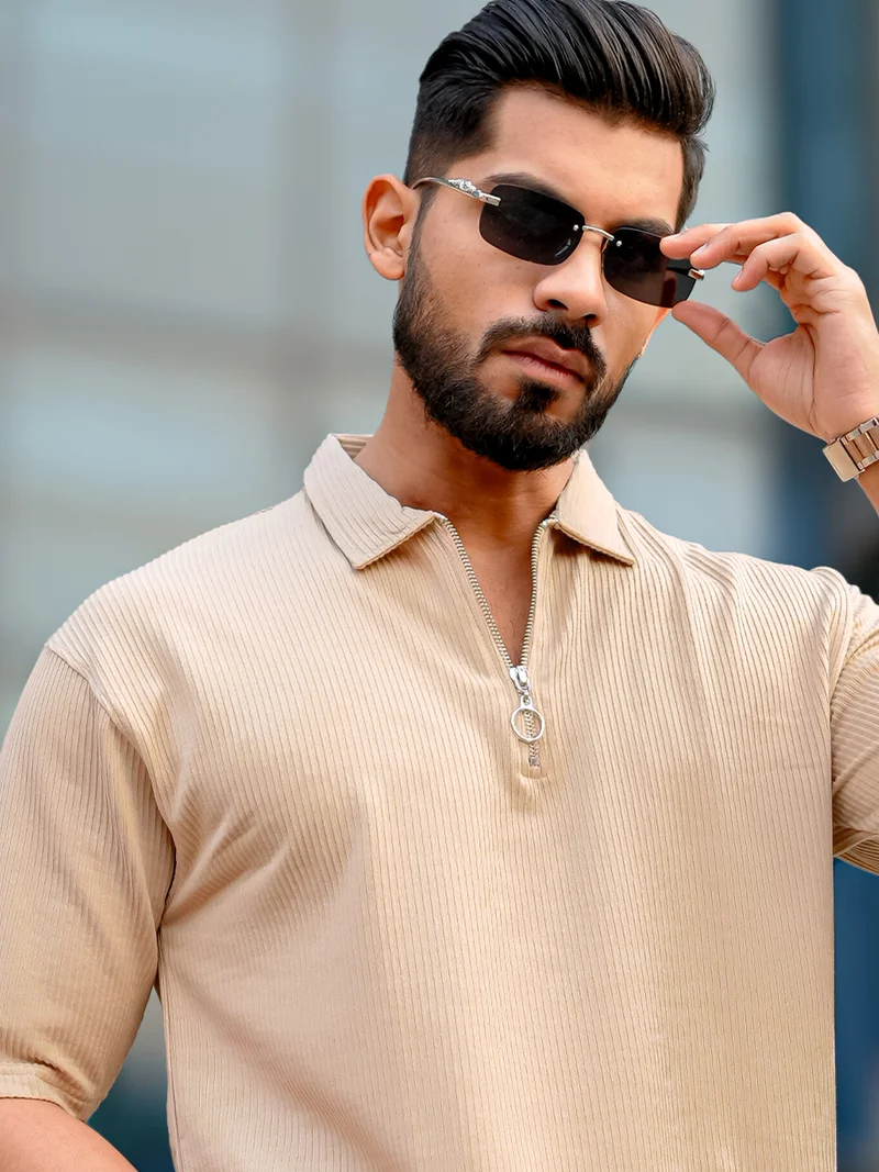 مانياك Maniac Mens Solid Polo Neck 3/4th Sleeve Biscuit Half Zipper Poly Cotton Polo T-Shirt