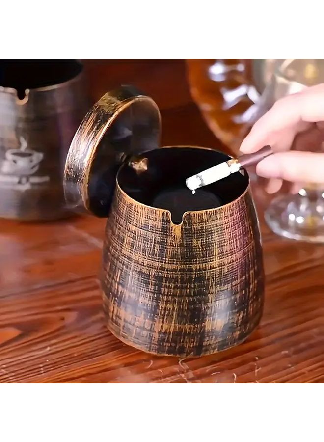 Premium Stainless Steel Retro Wood Grain Ashtray With Lid For Indoor Outdoor Use - Image 2