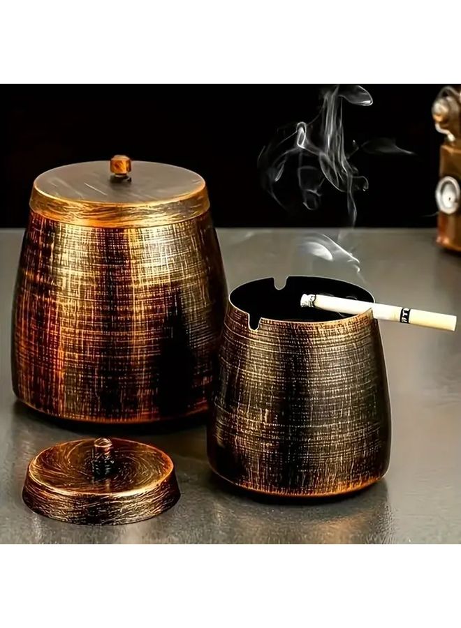Premium Stainless Steel Retro Wood Grain Ashtray With Lid For Indoor Outdoor Use - Image 1