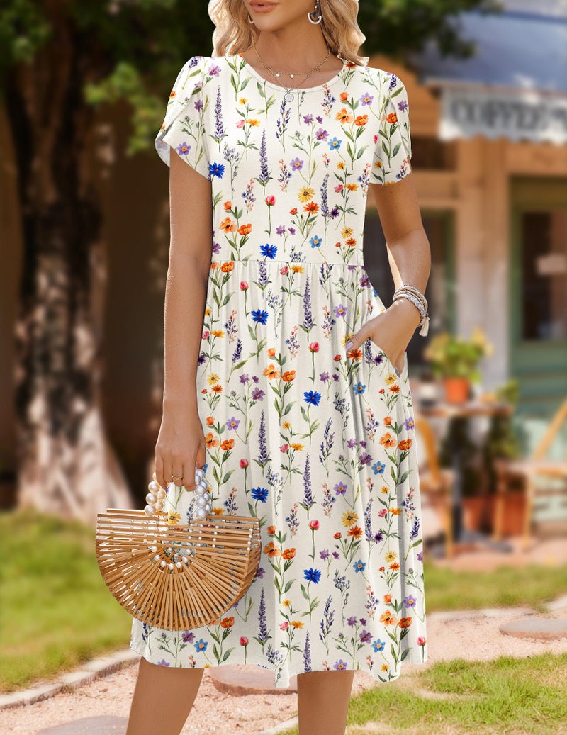 HOTOUCH Spring Dresses for Womens 2026 Summer Casual Short Sleeve Aline Midi Sundress with Pokcets Flowy Beach Vocation Long Shift Dresses,White Floral,L - Image 3