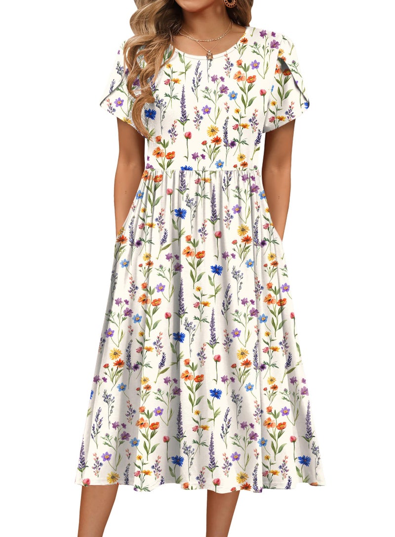 HOTOUCH Spring Dresses for Womens 2026 Summer Casual Short Sleeve Aline Midi Sundress with Pokcets Flowy Beach Vocation Long Shift Dresses,White Floral,L - Image 1