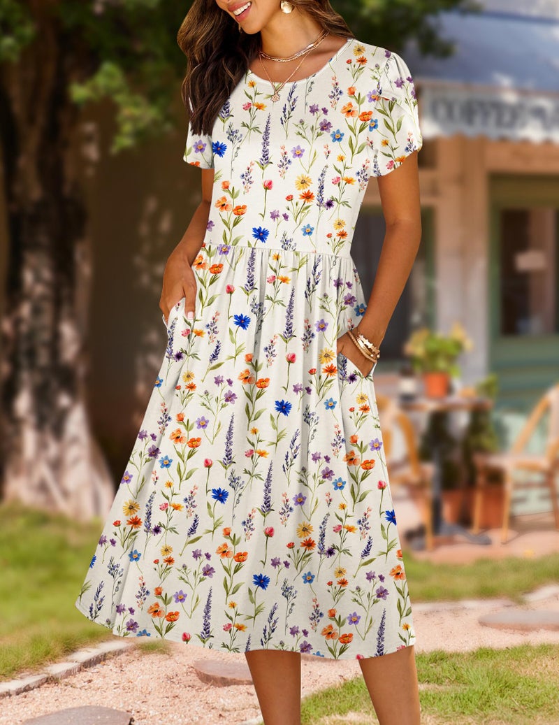 HOTOUCH Spring Dresses for Womens 2026 Summer Casual Short Sleeve Aline Midi Sundress with Pokcets Flowy Beach Vocation Long Shift Dresses,White Floral,L - Image 2