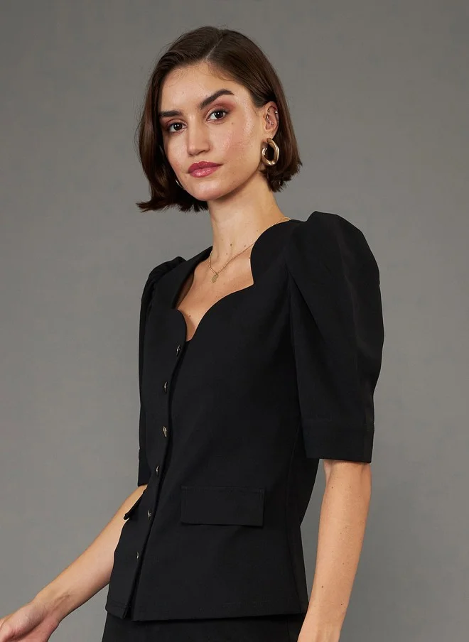 SASSAFRAS Sweetheart Neck Puff Sleeves Top for Women