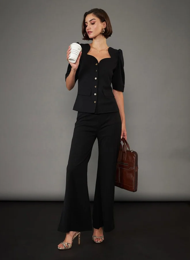 SASSAFRAS Sweetheart Neck Puff Sleeves Top for Women