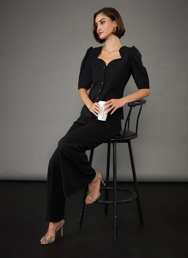 SASSAFRAS Sweetheart Neck Puff Sleeves Top for Women