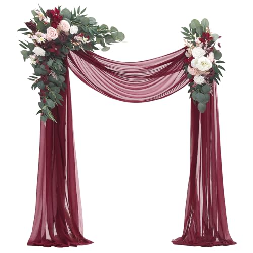 Floroom Arch Flowers with Drapes Kit Pack of 4  2pcs Artificial Burgundy Floral Swag Arrangement with 2pcs Draping Fabric for Wedding Ceremony Arbor and Reception Backdrop Decoration