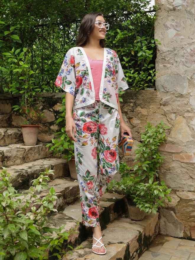Sanskrutihomes  Pack of 3 - Cotton Floral Top, Solid Cami and Pants Set for Women | Best Price UAE