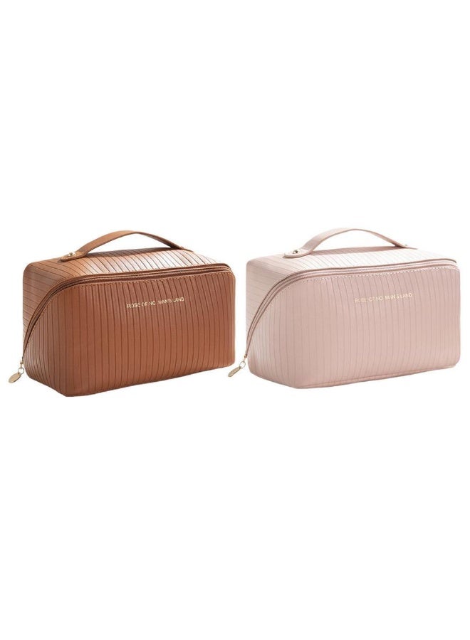 Kashco Set of 2 PU Leather Makeup Bags – Large Capacity Travel Cosmetic Organizer with Handle – Waterproof & Durable – Available in Brown, Pink, or Black (Pack of 2 (Pink & Brown)) - Image 1