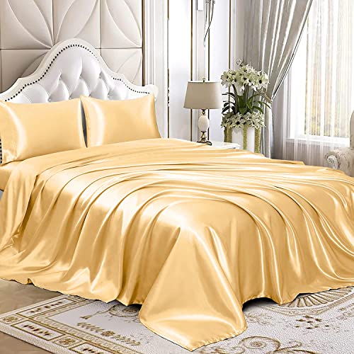 Homiest 4pcs Satin Sheets Set Luxury Silky Satin Bedding Set with Deep Pocket 1 Fitted Sheet 1 Flat Sheet 2 Pillowcases King Size Gold - Image 1