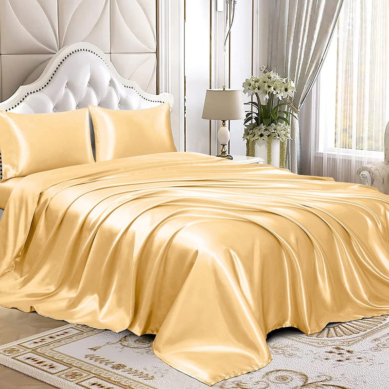 Homiest 4pcs Satin Sheets Set Luxury Silky Satin Bedding Set with Deep Pocket 1 Fitted Sheet 1 Flat Sheet 2 Pillowcases King Size Gold - Image 2
