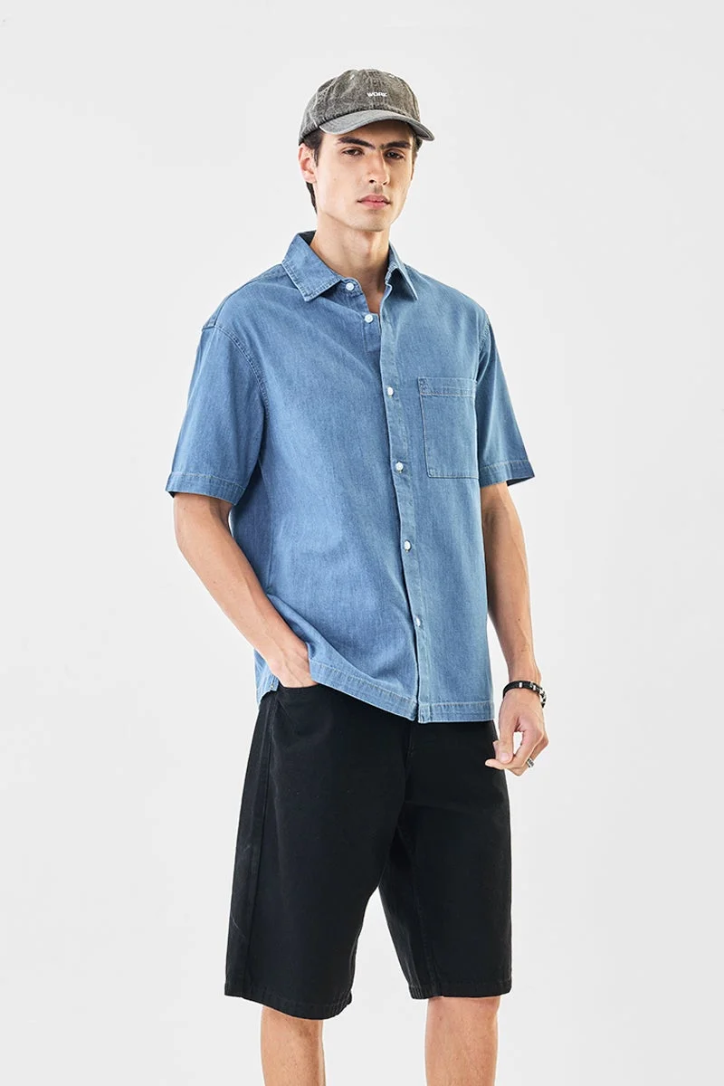 Snitch Blue Relaxed Fit Denim Shirt for Men | Best Price UAE