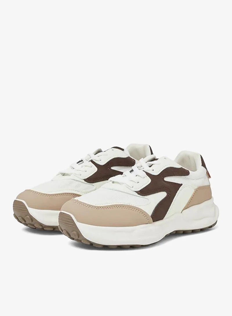 Styli  Beige Contrast Panel Lace Up Sneakers for Women | Best Price UAE