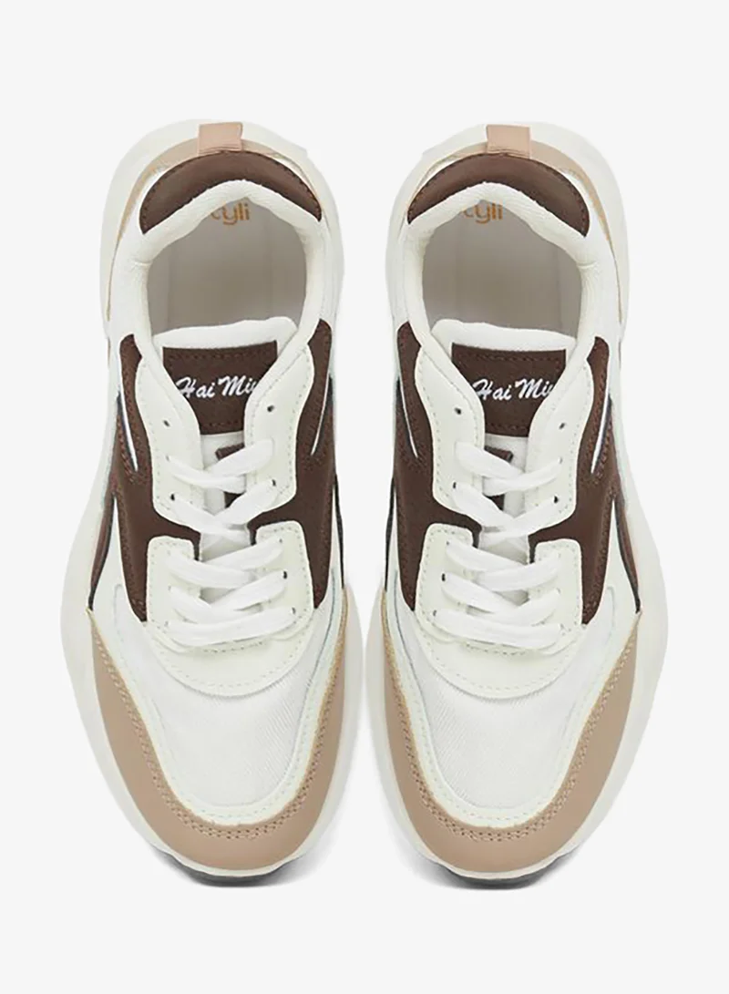 Styli  Beige Contrast Panel Lace Up Sneakers for Women | Best Price UAE