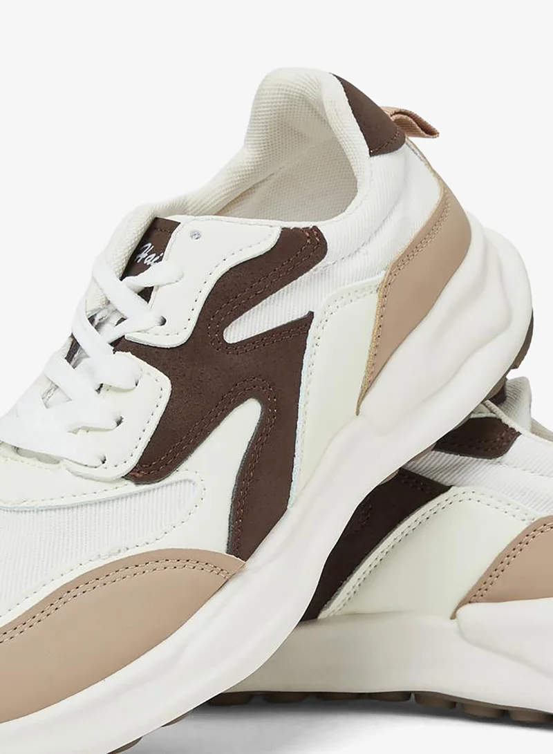 Styli  Beige Contrast Panel Lace Up Sneakers for Women | Best Price UAE