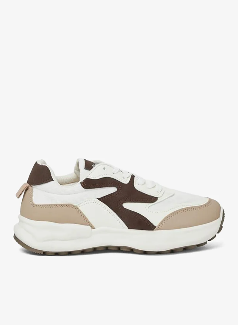 Beige Contrast Panel Lace Up Sneakers