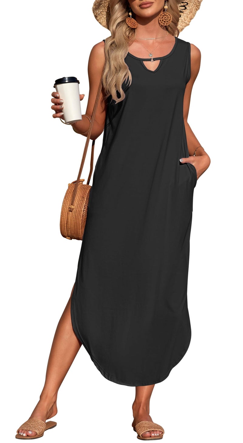 MISFAY Women's Summer Maxi Dress Sleeveless Loose Long Beach Split Dresses with Pockets(Black,M) - Image 1