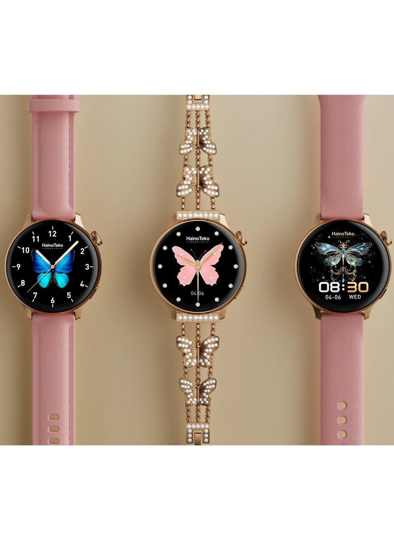 Haino Teko - HainoTeko Germany G12 mini Smart Watch With Round Shape AMOLED Display 3 Pair Straps and Cgarging Cable Designed For Womens Gold - Image 1