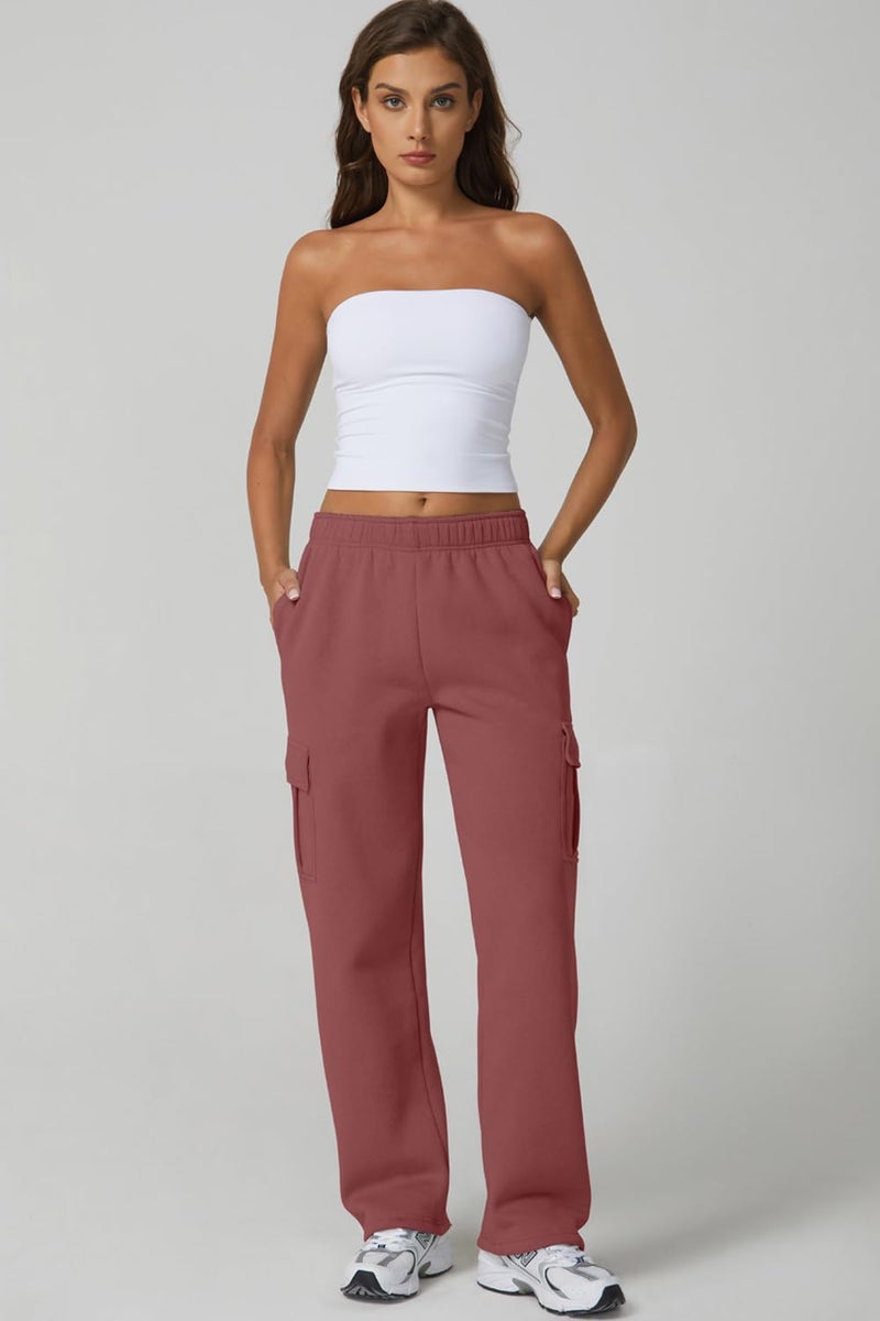 QINSEN Women's Casual Lounge Pants Elastic High Waist Fall Winter Fleece Pants Sweatpants Dusty Rose S - Image 2