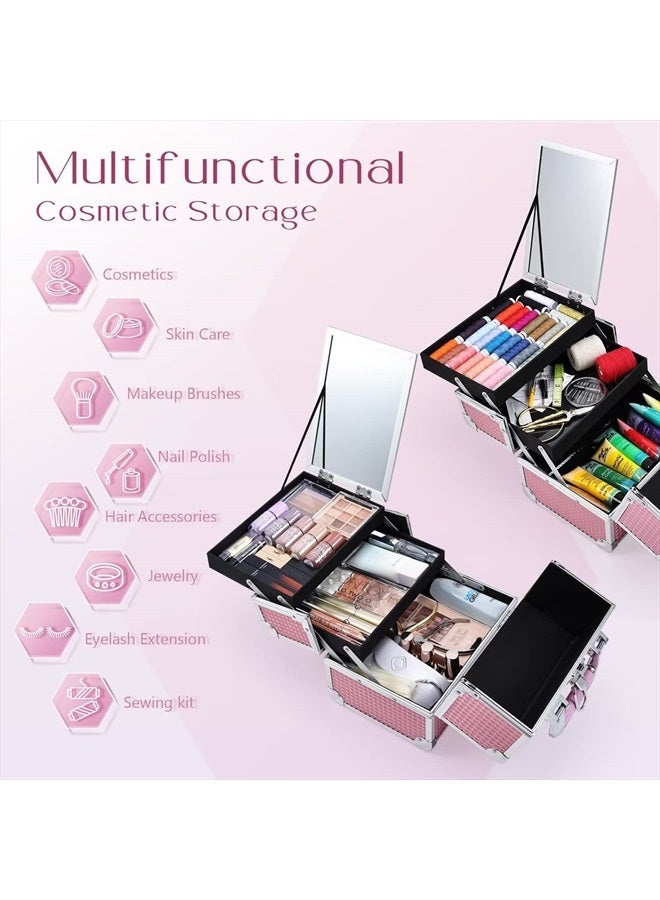 Joligrace Makeup Train Case Cosmetic Box Portable Makeup Case Organizer 2 Trays Makeup Storage with Mirror Locking for Cosmetologist Aesthetic Supplies Nail Tech Traveling Makeup Box Mermaid Pink - Image 2