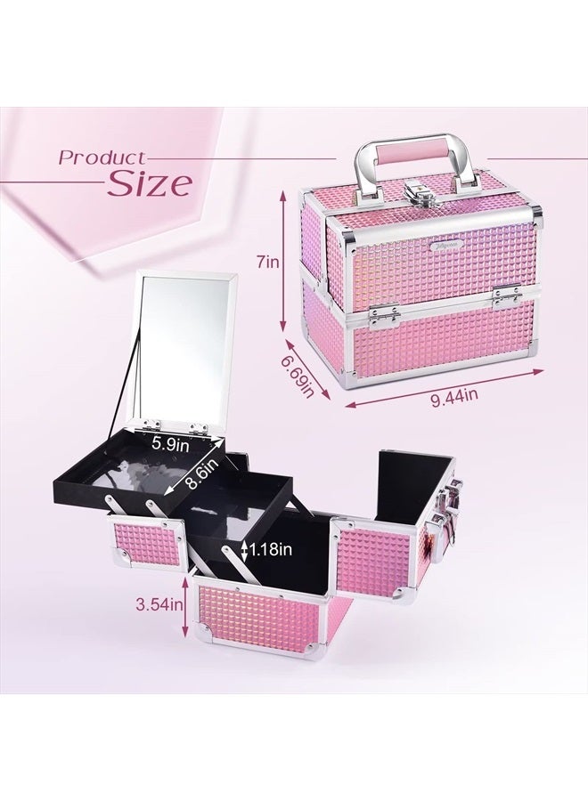 Joligrace Makeup Train Case Cosmetic Box Portable Makeup Case Organizer 2 Trays Makeup Storage with Mirror Locking for Cosmetologist Aesthetic Supplies Nail Tech Traveling Makeup Box Mermaid Pink - Image 5