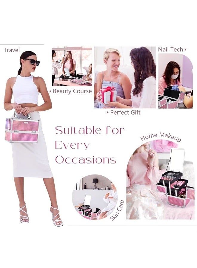 Joligrace Makeup Train Case Cosmetic Box Portable Makeup Case Organizer 2 Trays Makeup Storage with Mirror Locking for Cosmetologist Aesthetic Supplies Nail Tech Traveling Makeup Box Mermaid Pink - Image 3