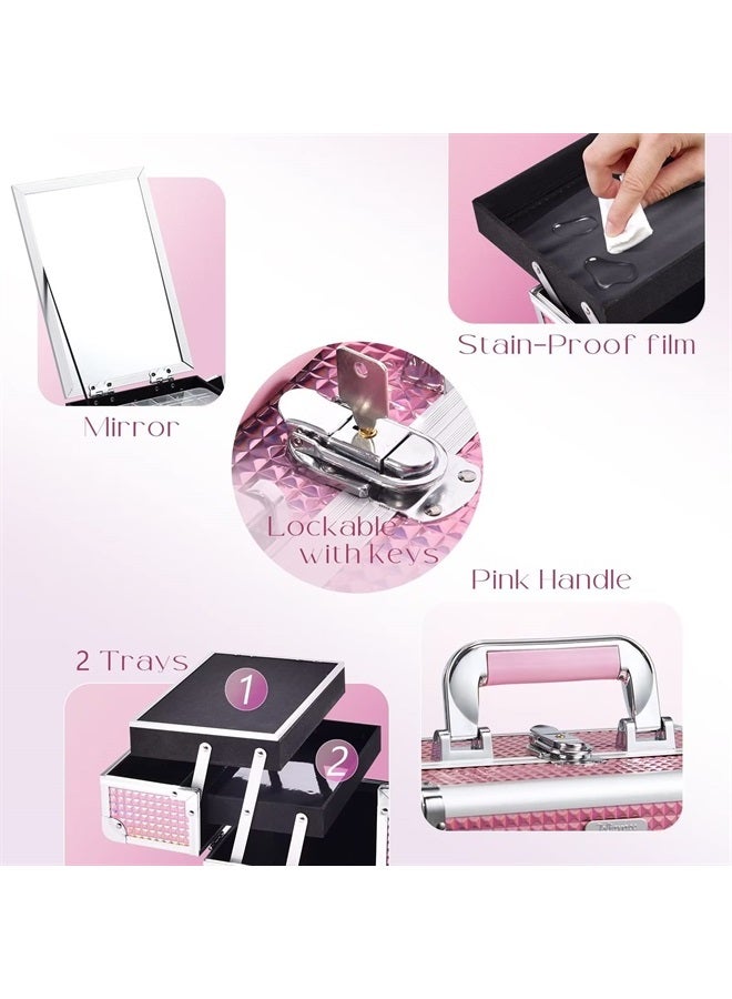 Joligrace Makeup Train Case Cosmetic Box Portable Makeup Case Organizer 2 Trays Makeup Storage with Mirror Locking for Cosmetologist Aesthetic Supplies Nail Tech Traveling Makeup Box Mermaid Pink - Image 4