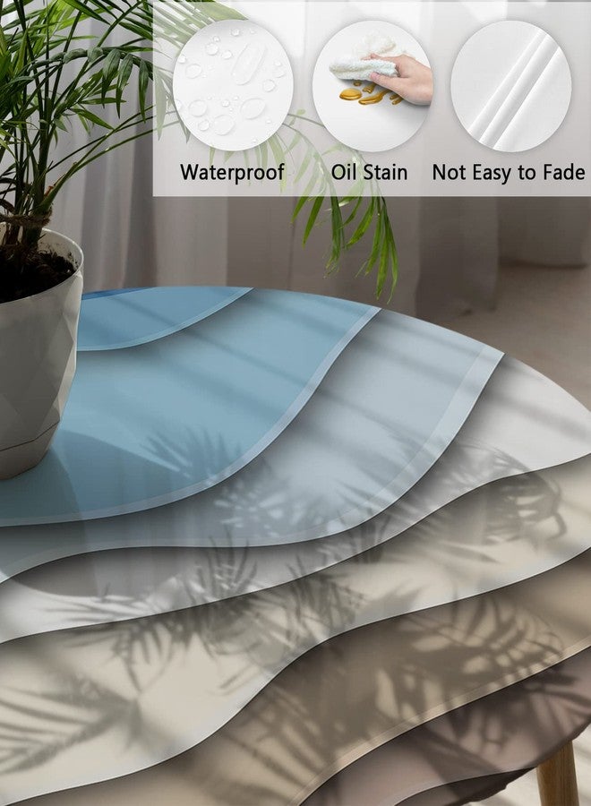Chees D Zone Blue Brown Gradient Wave Fitted Tablecloth for Round Tables, Ocean Beach Table Cover with Elastic Edge Waterproof Cloth, Modern Abstract Minimalist Art Circles for Kitchen 55-60in - Image 3
