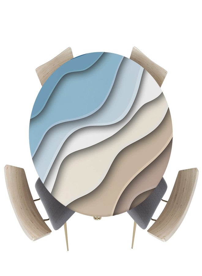 Chees D Zone Blue Brown Gradient Wave Fitted Tablecloth for Round Tables, Ocean Beach Table Cover with Elastic Edge Waterproof Cloth, Modern Abstract Minimalist Art Circles for Kitchen 55-60in - Image 1