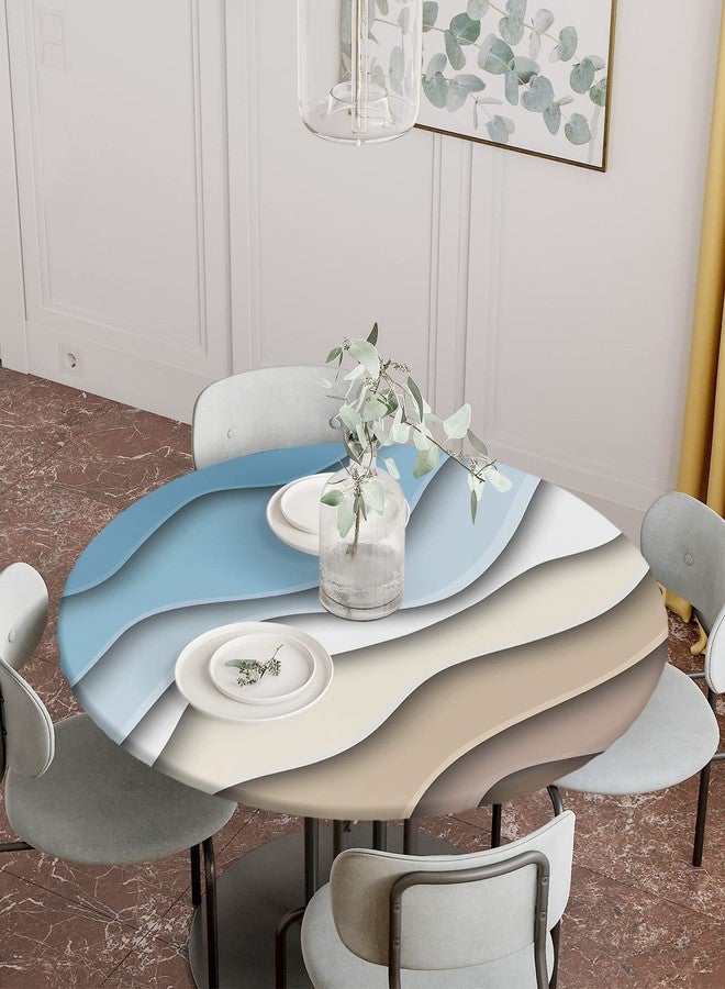 Chees D Zone Blue Brown Gradient Wave Fitted Tablecloth for Round Tables, Ocean Beach Table Cover with Elastic Edge Waterproof Cloth, Modern Abstract Minimalist Art Circles for Kitchen 55-60in - Image 2