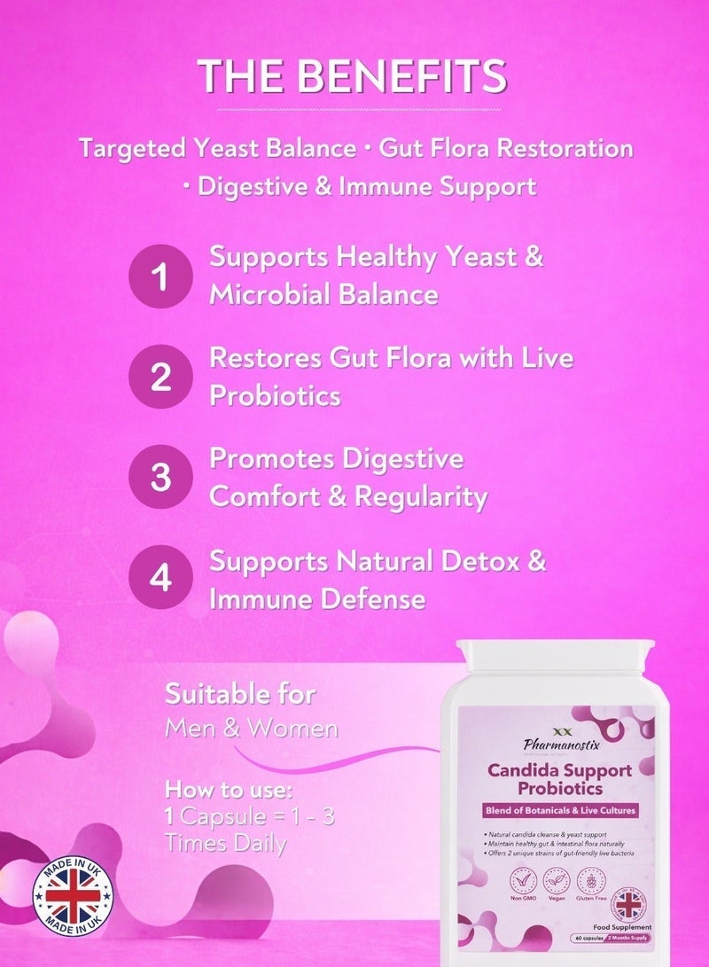 Pharmanostix Candida Support Probiotic Supplement – All-in-One Yeast Balance & Gut Health Formula – Caprylic Acid, Live Cultures & Oregano Leaf – 60 Vegan Capsules - Image 2
