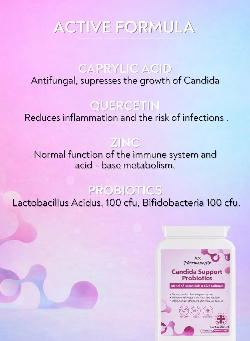 Pharmanostix Candida Support Probiotic Supplement – All-in-One Yeast Balance & Gut Health Formula – Caprylic Acid, Live Cultures & Oregano Leaf – 60 Vegan Capsules - Image 3