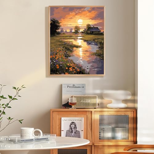 Fountor Paint by Numbers Kit for Adults Beginner Countryside Sunset Adult Paint by Number Kits on Canvas Without Frame Riverside Cabin Oil Paint by Numbers for Home Decor Gift 16 W x 20L - Image 3
